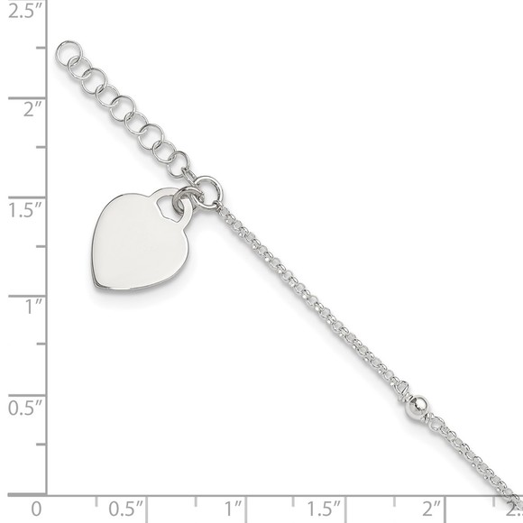 925 Sterling Silver Polished Bead and Heart Charm 9" + 1" Ext. Jewelry Anklet - Picture 5 of 8